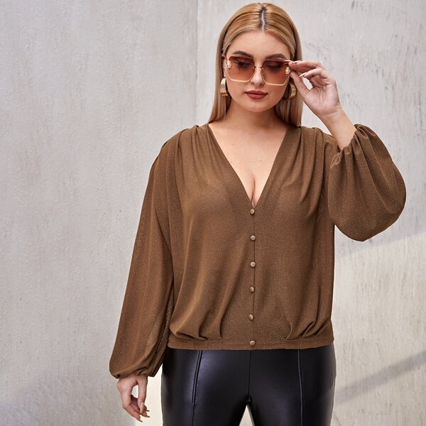 

Plus Lantern Sleeve Button Front Top, Brown