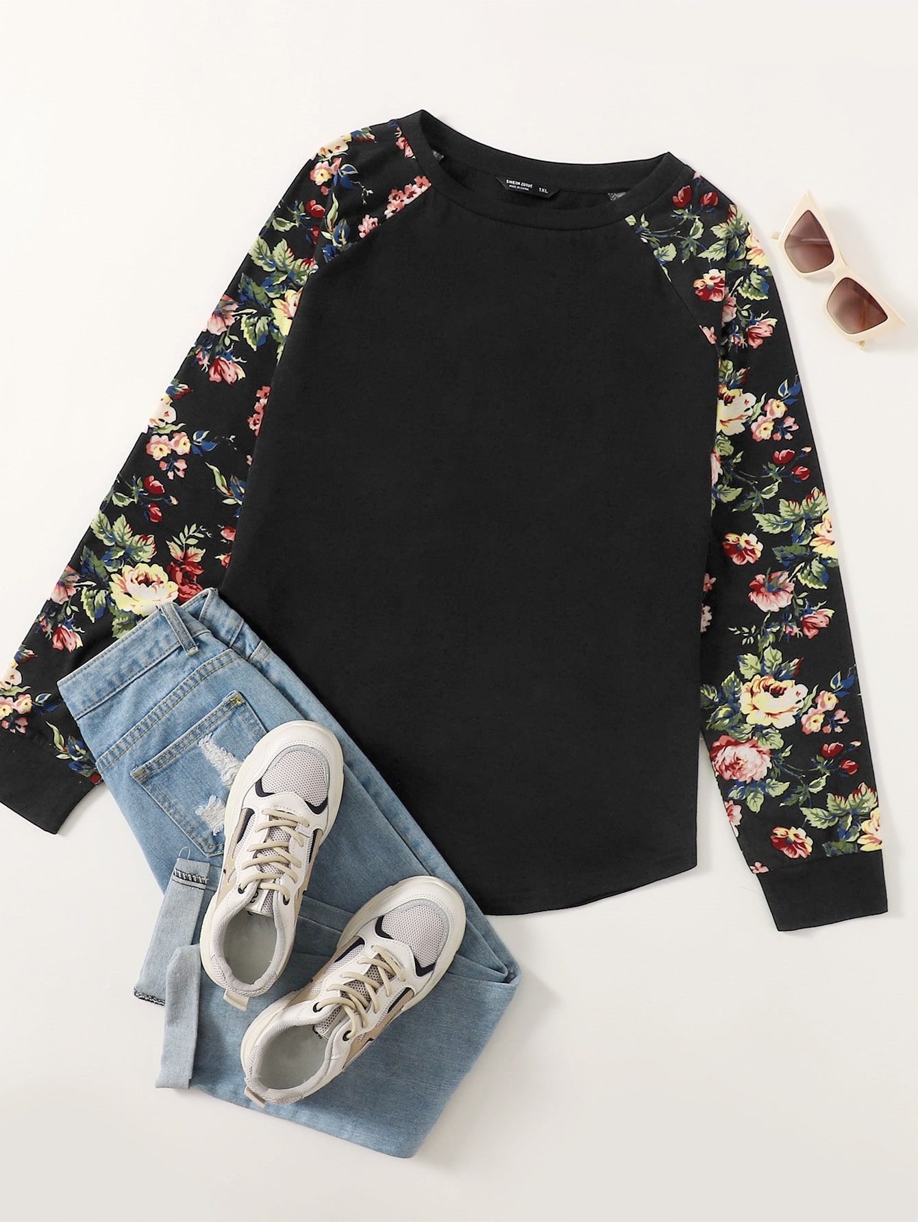 Plus Floral Print Raglan Sleeve Tee thumbnail