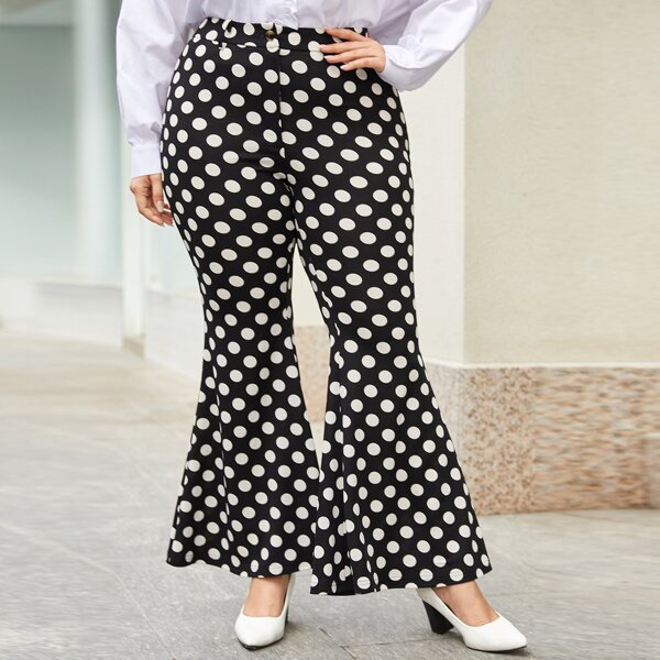

Plus Polka Dot Flare Leg Pants, Black and white