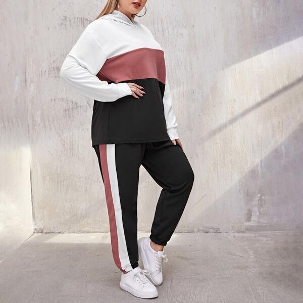 

Plus Cut And Sew Hoodie With Striped Side Sweatpants, Multicolor