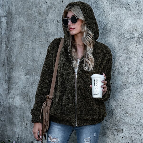 

Zip Up Drop Shoulder Teddy Jacket, Dark green