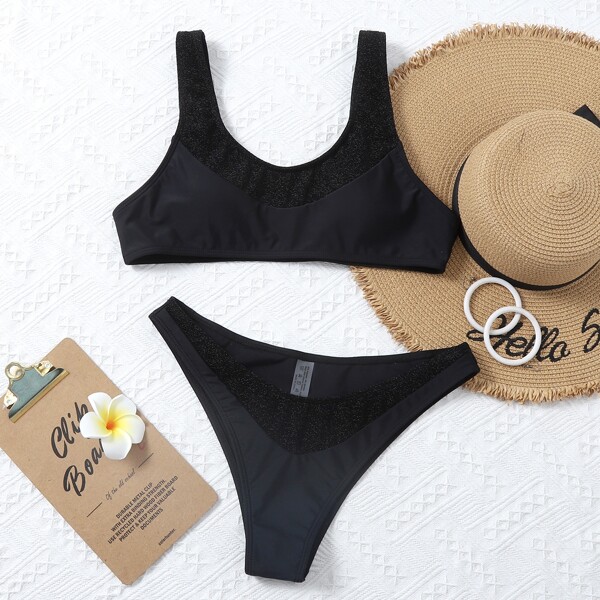 

Glitter Trim Bikini Swimsuit, Black