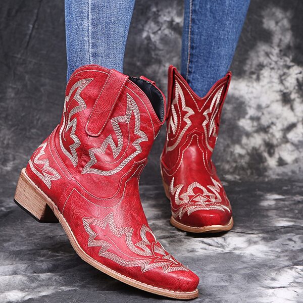 

Embroidered Chunky Heeled Ankle Boots, Red