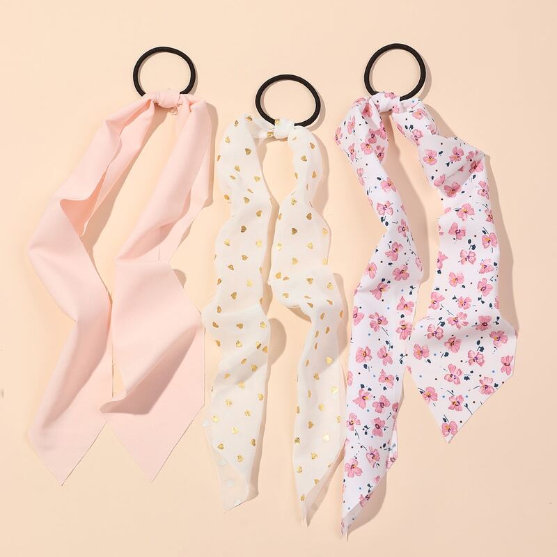 

3pcs Floral & Heart Scrunchie Scarf, Multicolor