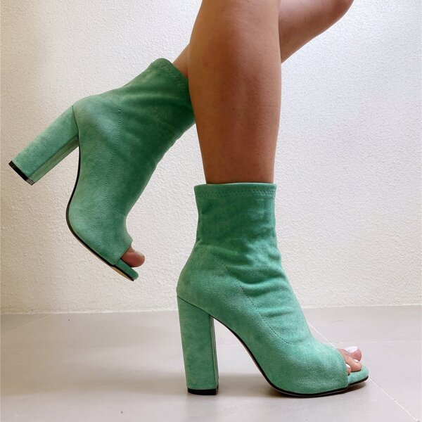

Peep Toe Chunky Heeled Suede Ankle Boots, Green