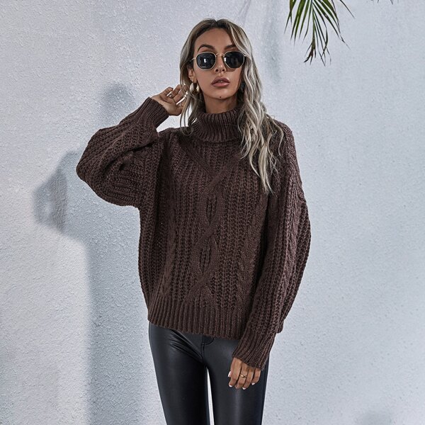 

Turtleneck Cable Knit Drop Shoulder Sweater, Chocolate brown