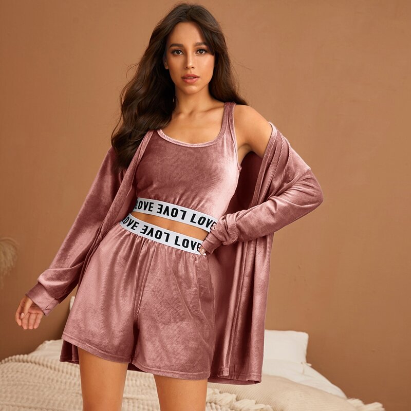 

3pcs Velvet Letter Tape Tank PJ Set And Robe, Dusty pink