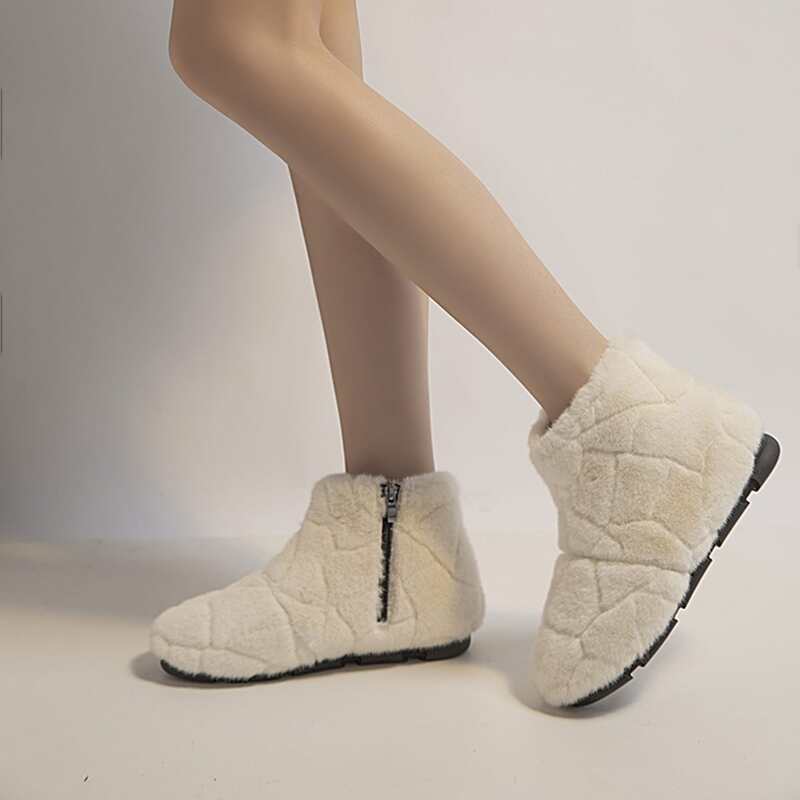 

Minimalist Side Zipper Fluffy Boots, Beige