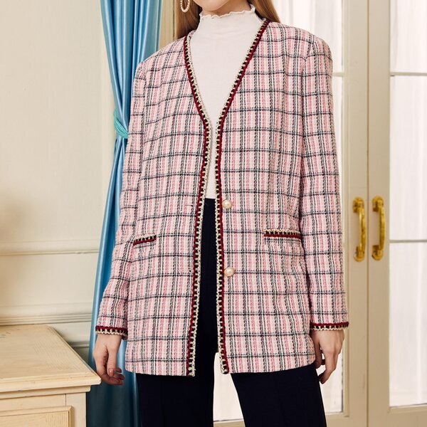 

Open Front Plaid Tweed Coat, Pink