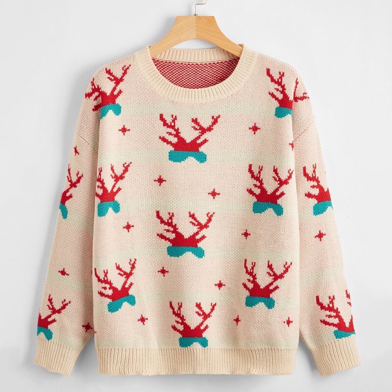

Drop Shoulder Christmas Pattern Sweater, Apricot