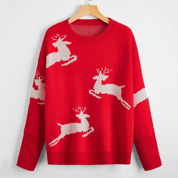 

Drop Shoulder Christmas Pattern Sweater, Red bright