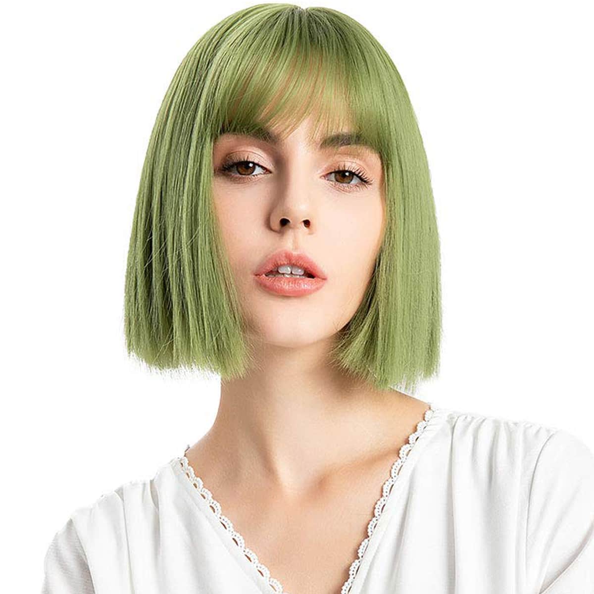 

Natural Short Wig With Bangs, Green