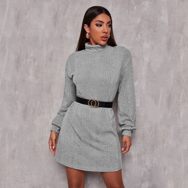 

Funnel Neck Rib-knit Dress Without Belt, Grey
