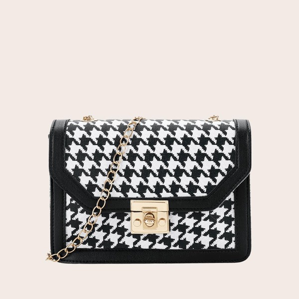 

Houndstooth Chain Crossbody Bag, Black and white