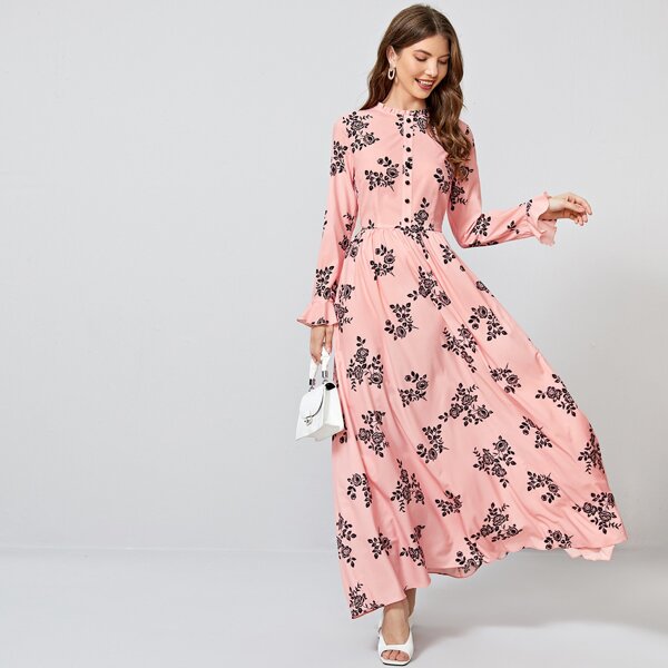 

Платье с пуговицами и цветочным принтом, Кораллово-розовый