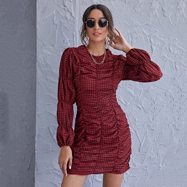 

Gathered Sleeve Gingham Ruched Dress, Burgundy