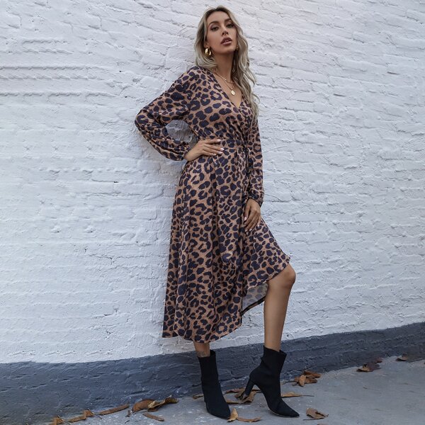 

Surplice Neck Belted Leopard Dress, Multicolor