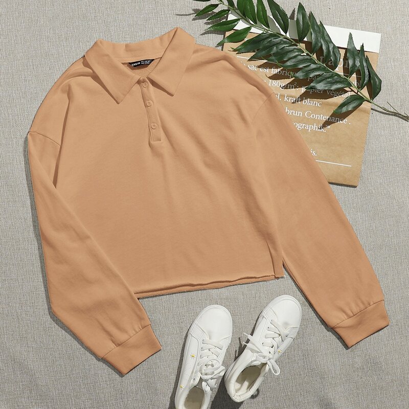 

Drop Shoulder Polo Collar Sweatshirt, Apricot