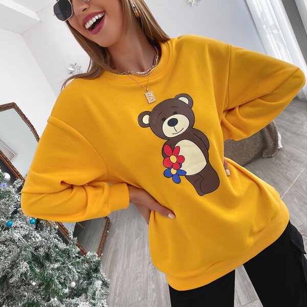 

Cartoon Bear Print Drop Shoulder Sweatshirt, Yellow
