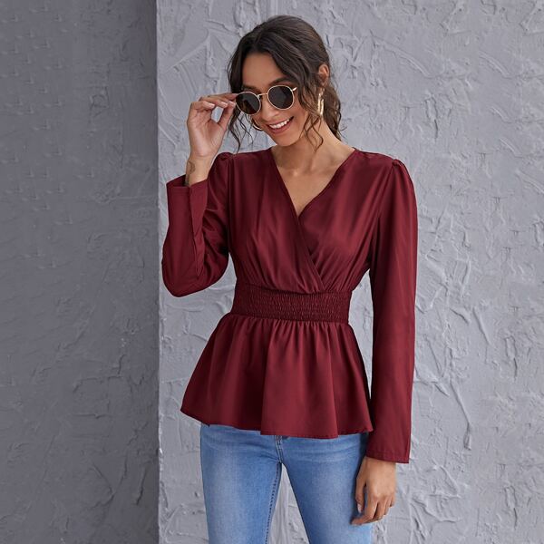 

Shirred Waist Peplum Top, Burgundy