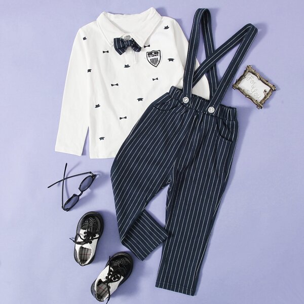 

Toddler Boys Letter Patched Bow Detail Polo Shirt With Suspender Pants, Blue and white