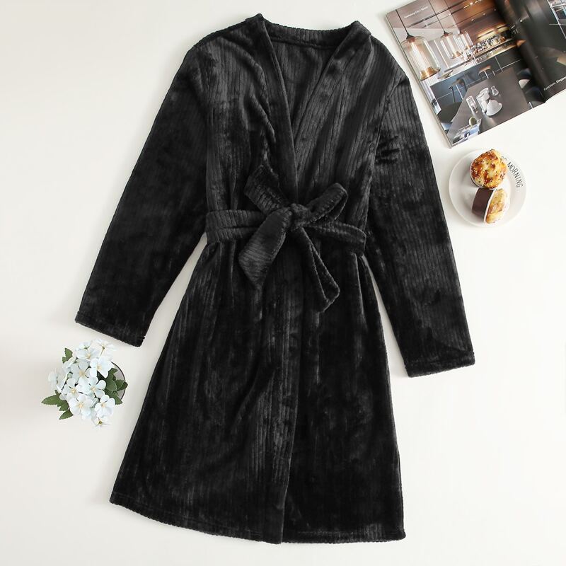 

Solid Belted Flannel Robe, Black