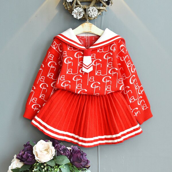 

Toddler Girls Sailor Collar Graphic Print Sweater & Pleated Knit Skirt, Red