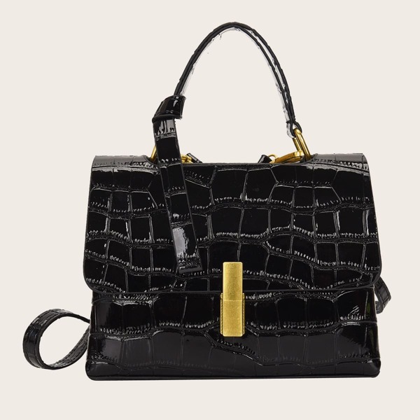 

Croc Embossed Satchel Bag, Black
