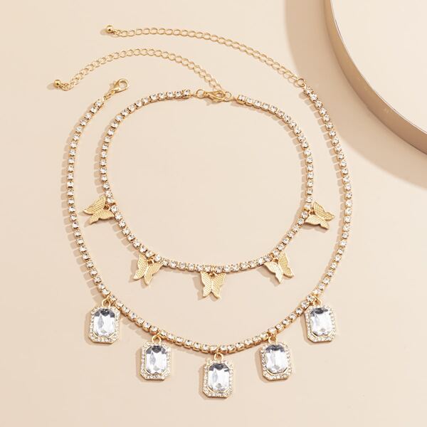 

2pcs Rhinestone Butterfly Charm Necklace, Clear