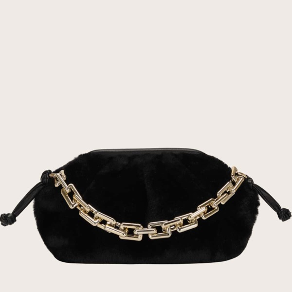 

Chain Handle Fluffy Ruched Bag, Black
