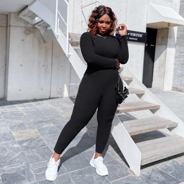 

Plus Solid Crew Neck Unitard Jumpsuit, Black