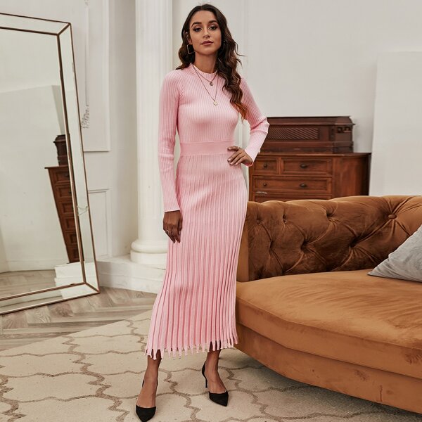 

Distressed Ribbed Knit Bodycon Sweater Dress, Baby pink