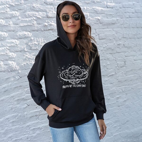 

Slogan & Galaxy Print Hoodie, Black