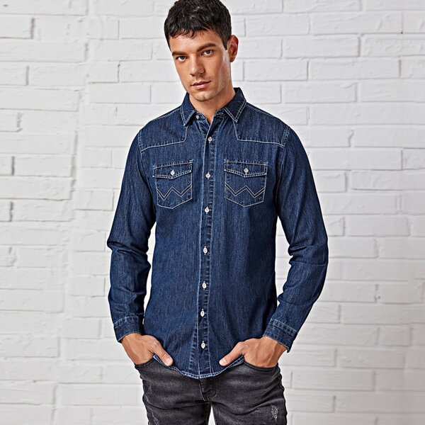 

Men Flap Pocket Denim Shirt, Dark wash