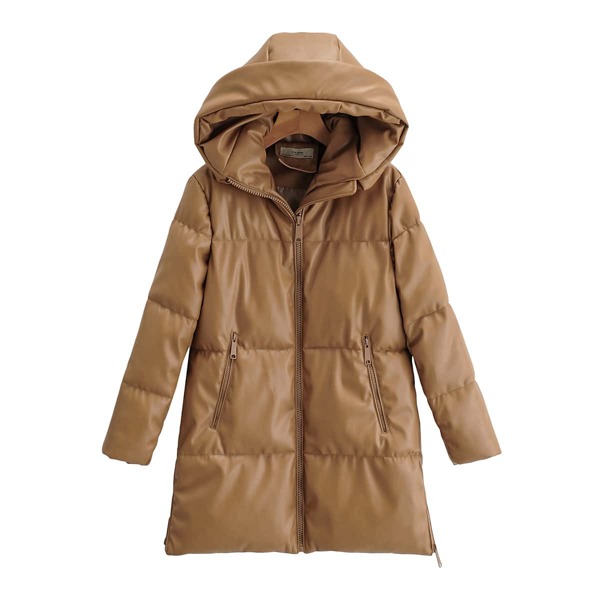 

PU Leather Zip Up Hooded Puffer Coat, Khaki