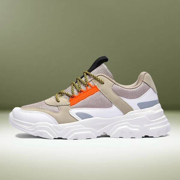 

Men Colorblock Lace-up Front Mesh Panel Chunky Sneakers, Khaki