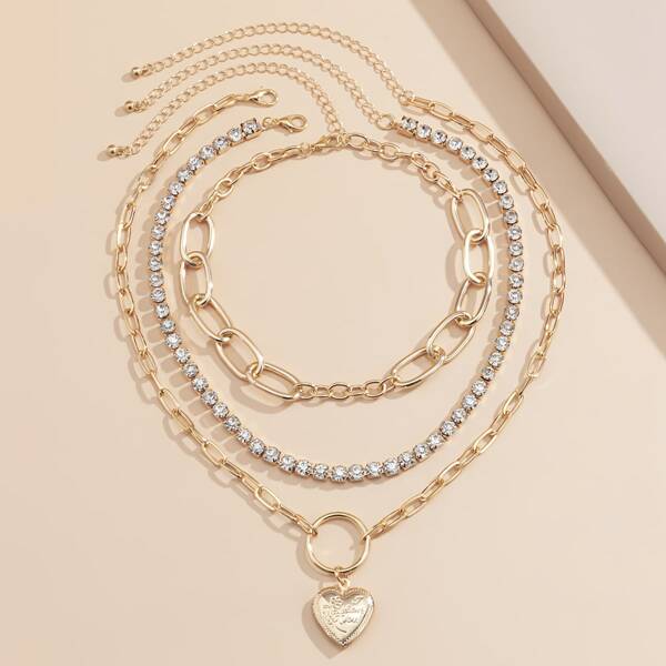 

3pcs Metal Heart Charm Necklace, Gold