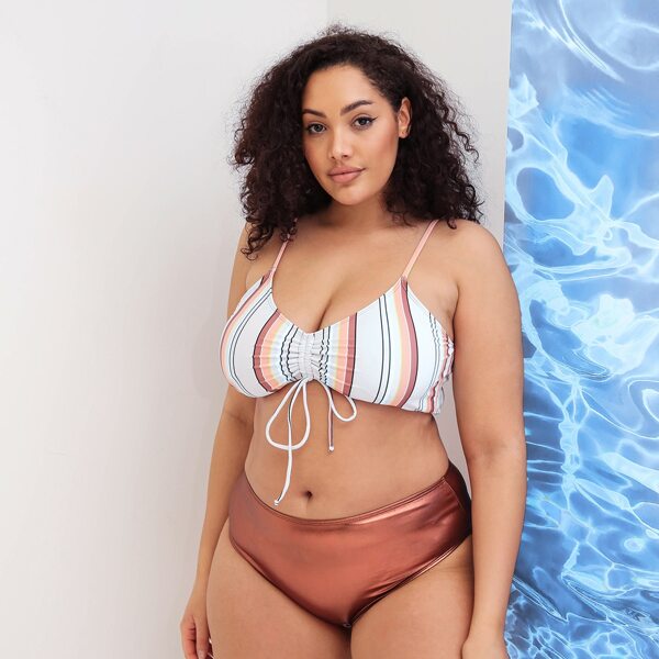 

Plus Striped Drawstring Ruched Bikini Swimsuit, Multicolor