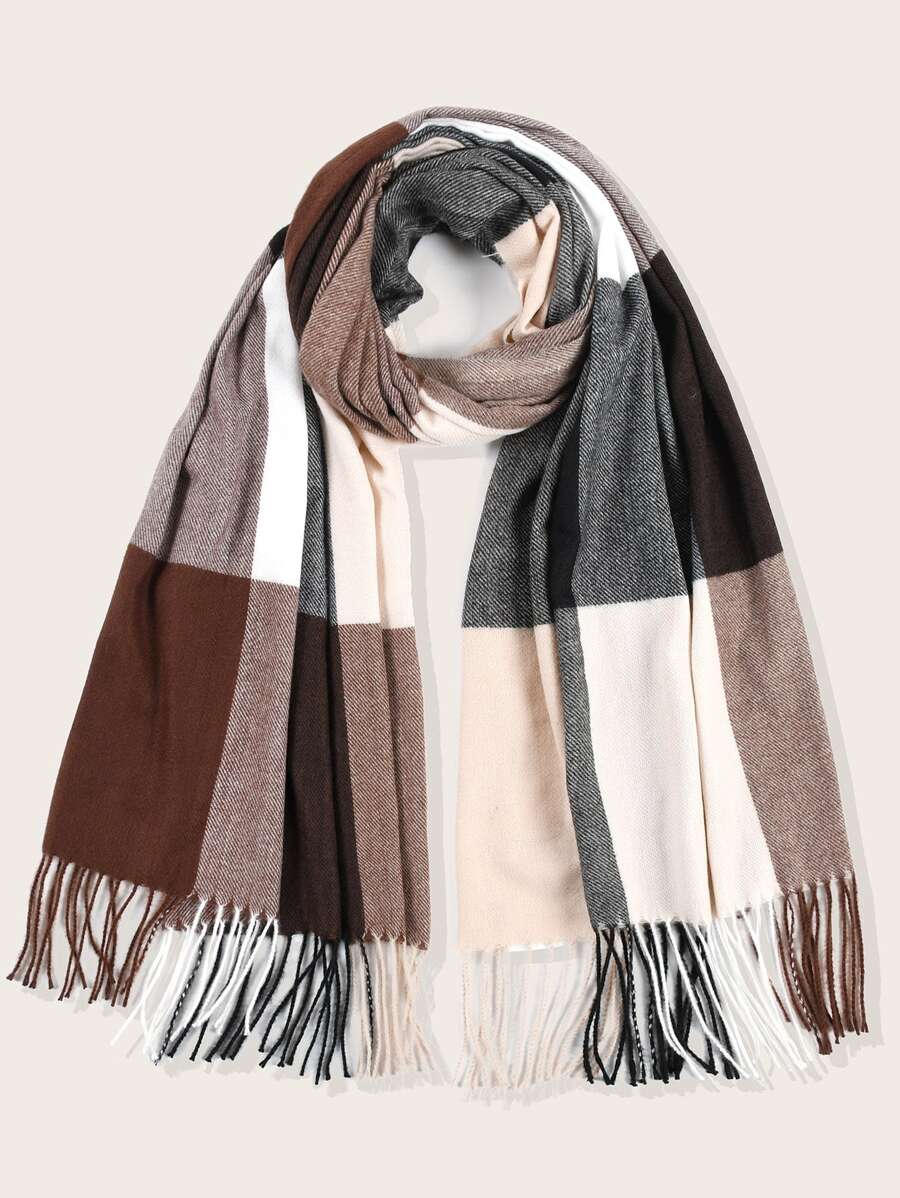 格紋流蘇下擺圍巾 - 咖啡棕 - 查看 1