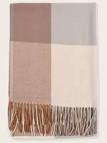 1入組人造羊絨格子流蘇圍巾保暖時尚舒適披肩適合旅行和日常使用 - 米色 - 查看 5