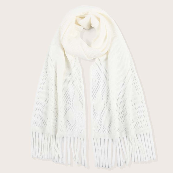 

Hollow Out Fringe Hem Scarf, White