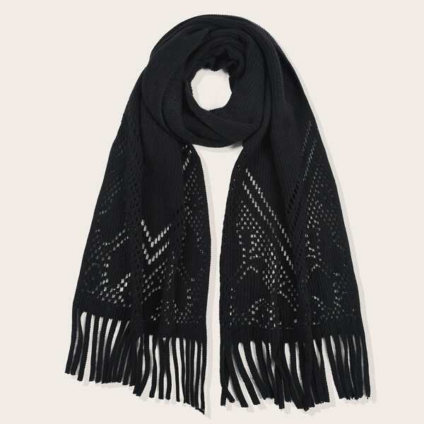

Hollow Out Fringe Hem Scarf, Black