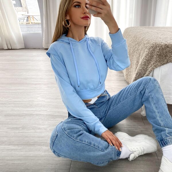 

Solid Drawstring Hooded Crop Sweatshirt, Baby blue