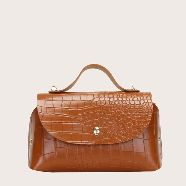 

Croc Embossed Satchel Bag, Brown