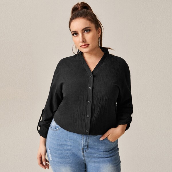 

Plus Button Up Roll-sleeve Blouse, Black