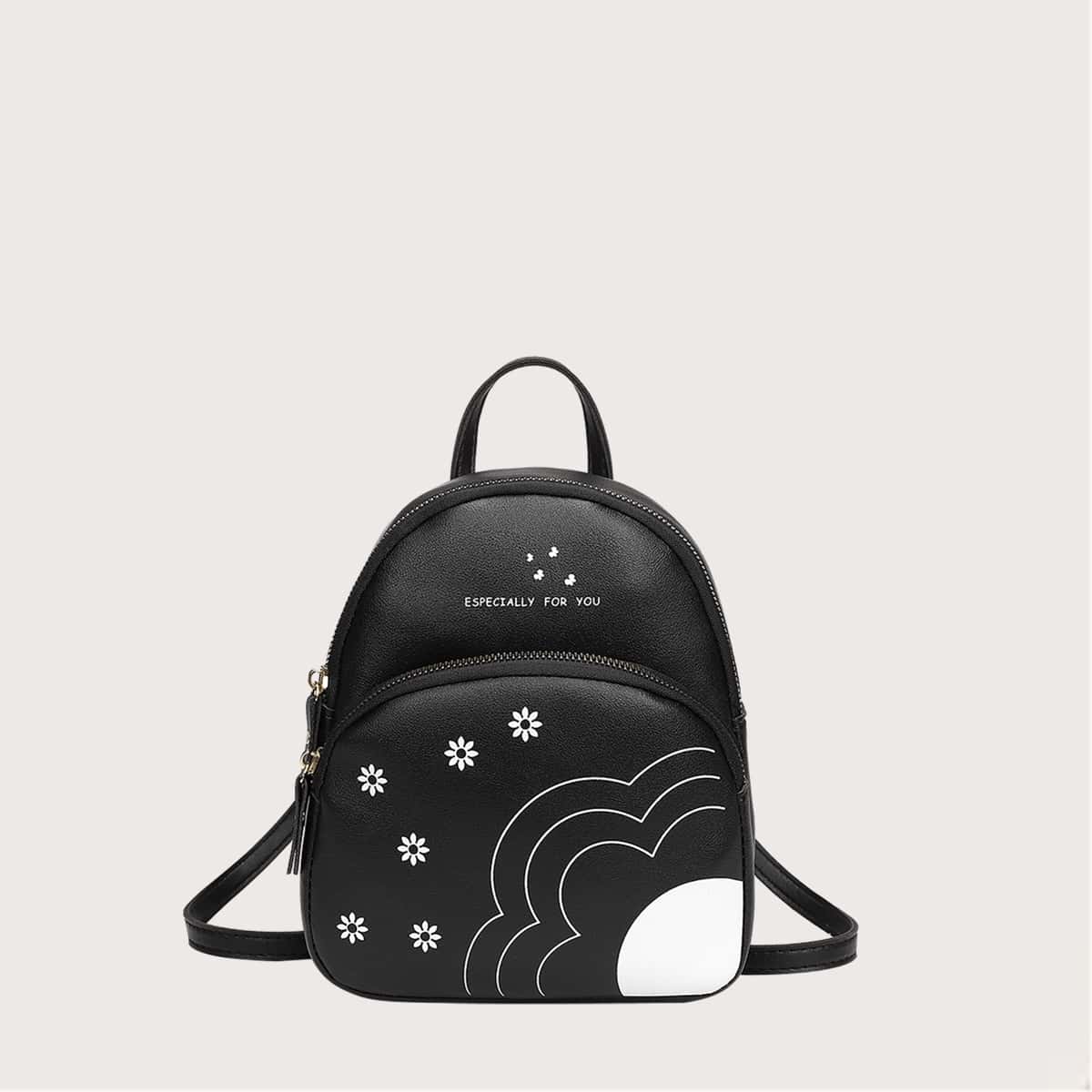 

Floral Zip Backpack, Black