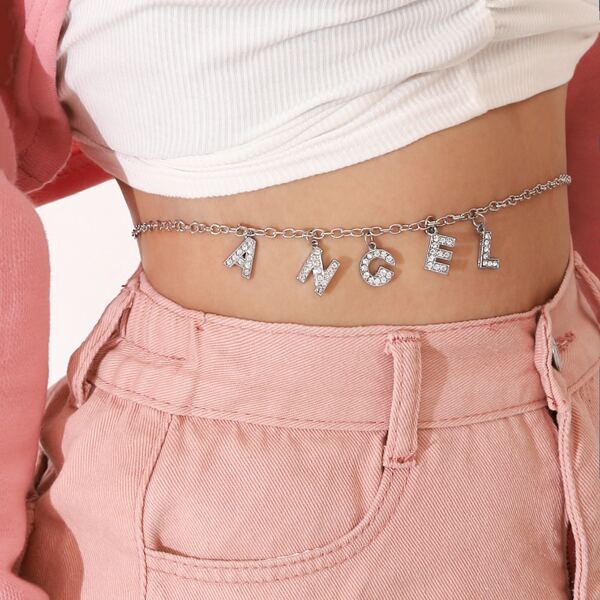 

Rhinestone Letter Charm Waist Chain, Silver