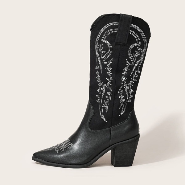 

Point Toe Embroidered Mid Calf Boots, Black