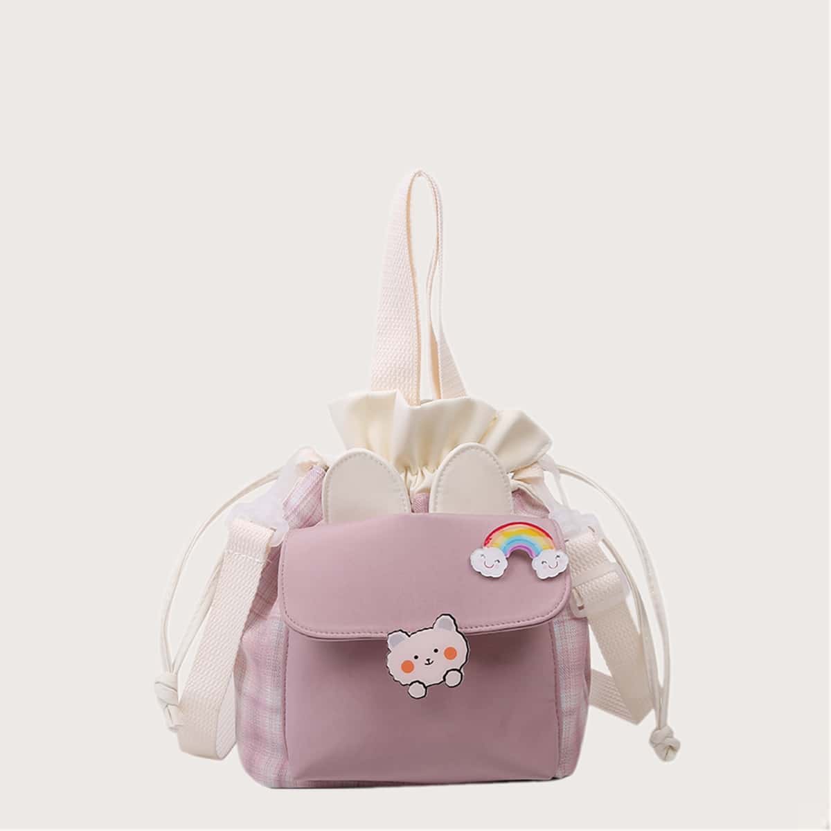 

Cartoon Plaid Drawstring Bucket Bag, Dusty pink