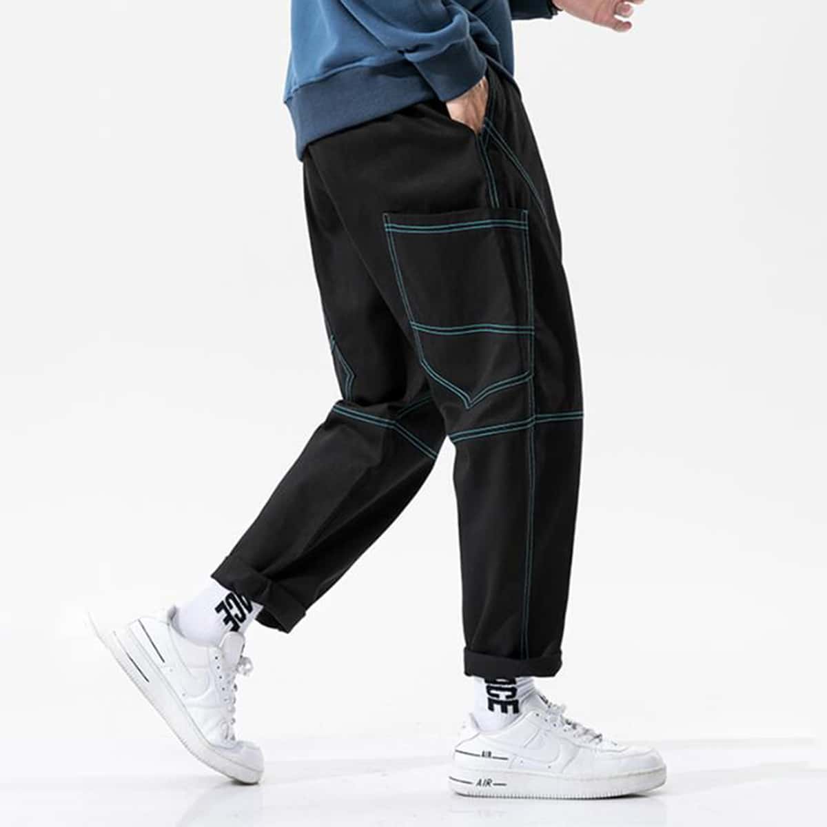 

Guys Contrast Stitch Exaggerate Pocket Pants, Black